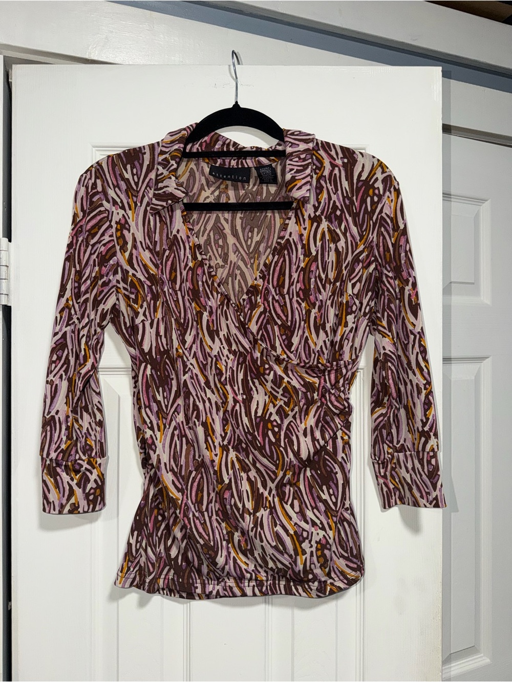 attention Pink, Brown & Mustard Abstract Wrap Blouse